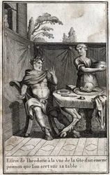 Theodorik den Store (ca. 454/455-526), goternes konge, bliver bange ved synet af hovedet af en enorm fisk, der serverer på hans bord. Indgravering i "Beaute de l