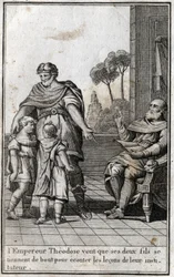 Theodosius I (Flavius Theodosius) (347-395), romersk kejser, vil have sine to sønner, Arcadius (377-408) og Honorius (384-423), til at rejse sig for at lytte til deres lærers lektioner. 4. århundrede. Indgravering i "Beaute de l