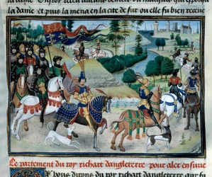 Tredje korstog: Richard Lion Heart (eller Richard I af England (1157-1199) sejlede i juni 1191 til Det Hellige Land ved Cyperns afgang Miniature taget fra "Chronicles of Emperors"" af Loyset Liedet (1420-1479) 15. århundrede. Paris, Arsenals bibliotek