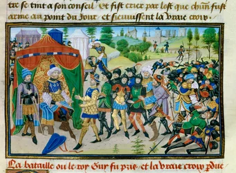 Tredje korstog: tabet af det sande kors under slaget ved Hattin den 4. juli 1187, miniature fra "" Chronicle abregee"" af David Aubert, ca. 1450