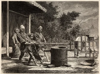 Tre bønder, der driver rismøllen. Indgravering til illustration af rejsen til Japan i 1863-1864 af Aime Humbert, minister for Det Schweiziske Forbund, i "Le tour du monde, nouveau journal des voyages", udgivet under ledelse af Edouard Charton