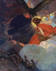 Titanomachia: fremstilling af Zeus, der sejrer over titanerne (Titanomachia eller Titanomachy: Zeus og olympierne sejrer over titanerne) Gravering fra "Mine smukke mytologiske fortællinger" af HS Bres, begyndelsen af det 20. århundrede, privat samling