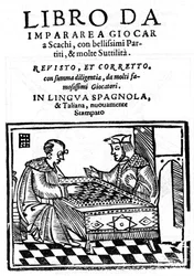Titelside på "" Denne bog og at lære at spille skak "" (Skak) af Pedro Damiano (Damiao de Odemira 1480-1544) fra 1512.