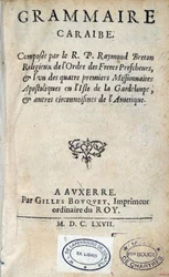 Titelside på ""Caribbean Grammar"" af pastor Raymond Breton, dominikansk nybygger. 1667 Chartres, Musee des Beaux Arts