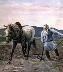 Tolstoj pløjer. Gravering sidst i 1800-tallet.