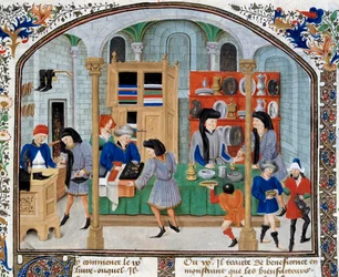 Handelsscene: købmænd i en butik præsenterer service og sølvtøj til deres kunder. Miniature taget fra en udgave af "Ethical, Political and Economic"" af den græske filosof Aristoteles (384-322 f.Kr.)