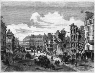 Transformationer af Paris under det andet imperium, Paris Haussmann (Boulevard, Haussmann værker): nedrivning af Rue de la Paix til åbningen af Rue Reaumur. Indgravering i ""Det illustere univers""