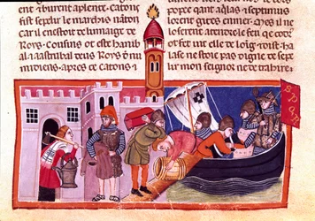 Transport af varer og fødevarer ad indre vandveje. Miniature fra en fransk kodeks på pergament "" The Facts of Romans"", der fortæller oldtidens historie frem til Jules Cesar (101 f.Kr.-44 f.Kr.). Venedig fra det 13. århundrede, biblioteca Marciana