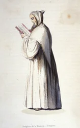 Trappistmunk, Citeaux-ordenen, der overholder det reformerede styre af Trappe, indstiftet i 1664 af Rancé. Indgravering af det 19. århundrede.
