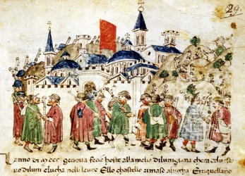 Rejsende pilgrimme ankommer til Rom. Det 14. århundrede. Sercambis krøniker. Lucca, Nationalarkivet