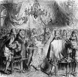 Forkæl kapellet Aix. Underskrevet den 2. maj 1668 mellem Frankrig og Spanien afsluttede han devolutionskrigen og gav Flandern til Frankrig. Stik fra 1866.