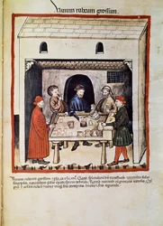Behandl en læge: "" rødvin, gruppe mænd i et værtshus drikker vin"" Side taget fra "" Tacuinum sanitatis"" (Cod. ser. nov. 2644) Omkring 1400 Wien, Osterreischische Nationalbibliothek