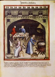Behandl en medicin: "" kogning af tarme og indvolde af dyr""". Side taget fra "" Tacuinum sanitatis"" (Cod. ser. nov. 2644) Omkring 1400 Wien, Osterreichische Nationalbibliothek