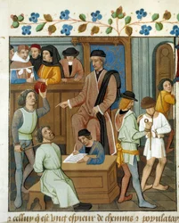 Retssagsscene: Dommeren afhører en dømt, der bærer et reb om halsen. Miniature fra et manuskript. 1400-tallets Paris, B.N.