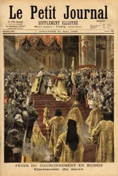 Zar Nicholas II (1868-1918), i Assumption Cathedral (Moskva), kroner sin kone, Alexandra Fedorovna (1872-1918). Indgravering i "" Le petit journal"" 31/05/1896. Selvas samling.