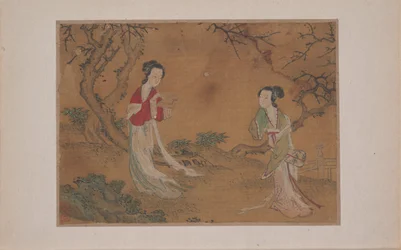 Two Ladies in Foreground of Landscape (miniature fra album med elleve malerier; blæk og farve på silke)