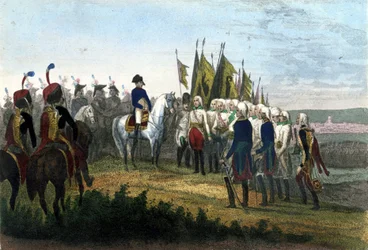 Ulm overgivelse. 20/10/1805. Den østrigske hær besejrede Napoleons tropper. Indgravering af det 19. århundrede.