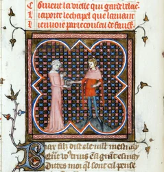 ""En ung mand og en gammel kvinde"" Oplyst side fra manuskriptet ""Le Roman de la Rose"" af Guillaume de Lorris (omkring 1200-1238) og Jean de Meun (Meung) (1240-1305) omkring 1353 Schweiz Genève bibliotek