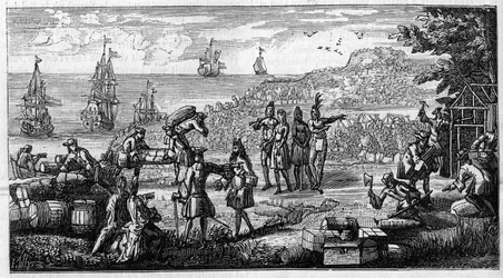 Afbarkning af forsyninger i de franske kolonier i Amerika. Pentegningen placerer et hoved af et erindringer fra Vauban på "Kolonierne"" i manuskriptet til hans "Oisivetes"", der er bevaret på Depot des Fortifications. Indgravering i "" La Nature: revue des