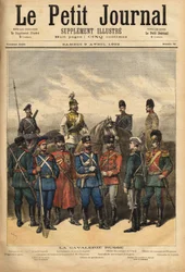 Uniformer af det russiske kavaleri, allierede med Frankrig, til hest fra venstre mod højre: Kosak fra Garderegimentet, Garderegimentet slagskibe, officer fra Ural-kosakkerne og officer fra kejserens kosakker. I forgrunden, stående, forfra