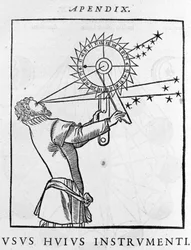 Brug af en enhed til at beregne tiden i forhold til stjernerne om natten (astrolabium) - Cosmographia de Pietro Apiano, Paris 1551.