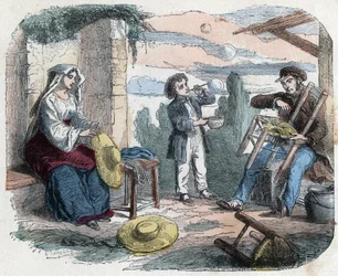 Brug af halm i det 19. århundrede: en mand pynter en stol med halm, en kvinde fletter hatte (kurvetøj), et barn laver sæbebobler med et sugerør. Gravering sidst i 1800-tallet.