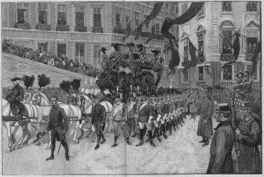 Wien 1889: Prins Rudolfs begravelse (ærkehertug Rudolf af Habsburg (1858-1889), Østrigs kronprins). Processionen foran den franske ambassade.