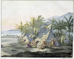 Udsigt på Sandwichøerne - i "" Udsigter og landskaber i jævndøgnregionerne, samlet på en rejse rundt om i verden"", sd. begyndelsen af det 19. århundrede