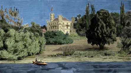 Udsigt over Berg Slot og søen Stamberg, hvor liget af Ludvig II af Baviere blev fundet (Ludwig II von Bayern eller Ludwig Otto Frederik Wilhelm von Wittelsbach (1845-1886)).