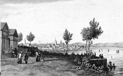 Udsigt over Mainz i Tyskland og Rhinen omkring 1830.