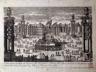 Udsigt over Place des Victoires i Paris med statuen af Louis XIV rejst af marechal de la Feuillade i 1686. Indgravering af det 17. århundredes Paris, Musee Carnavalet