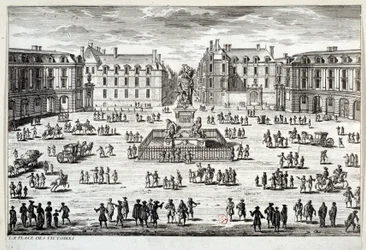 Udsigt over Place des Victoires i Paris med statuen af Louis XIV rejst af marechal de la Feuillade i 1686. Indgravering af det 17. århundredes Paris, Musee Carnavalet