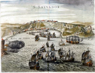 Udsigt over Salvador, tidligere kendt som Bahia, Brasiliens hovedstad i 1549, da byen blev grundlagt - Gravering fra det 16. århundrede