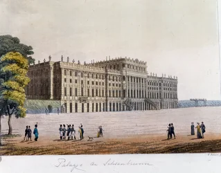 Udsigt over Schonbrunn Palace (Schoenbrunn) i Wien, Østrig. Stik fra 1826 Privatsamling