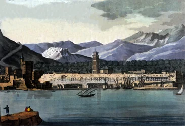Udsigt over Split (Spalato), Kroatien, fra havet. Akvarel fra begyndelsen af 1800-tallet