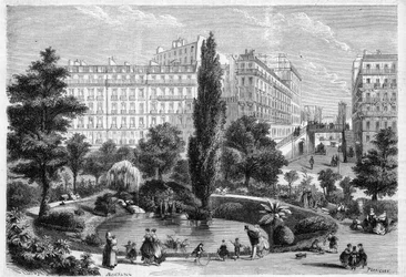 Udsigt over Square Montholon og broen i Rue Bellefond i Paris i det 9. arrondissement. Indgravering i "The Universe illustrious"