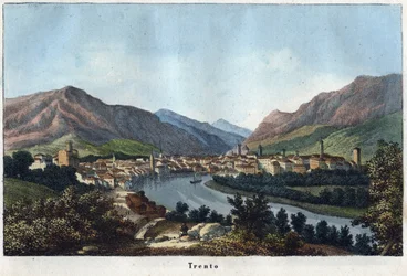 Udsigt over Trento (Sydtyrol, Italien) (Trento) - det 19. århundrede - stik fra »Usi e Costumi di Tutti i Popoli dell