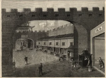 Udsigt over en gade i bymuren i Guangzhou, Kina. Indgravering i ""The Illustrated London News"" af 14. februar 1857.