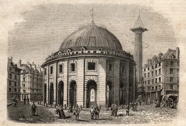 Udsigt over halle au ble i Paris (bygget i 1763-1769) og Medici-søjlen, gravering fra begyndelsen af det 19. århundrede - hvede- og majsudveksling i Paris (bygget i 1763-1769), gravering i begyndelsen af det 19. århundrede - Vue de la Halle au ble, placere