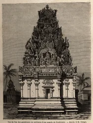 Udsigt over en af gombrooons eller porticos af en pondichery pagode (Pondicherry) (Indien). Gravering til illustration af en ekspedition til pagoden Chillambaran (Coromandel cote), fra 1838 til 1844, af kontraadmiralen Paris, direktør for depot des cartes