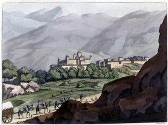 Udsigt over Escorial (Escorial), palads og kloster i Spanien, bygget under Filip II mellem 1563 og 1584. Litografi af det 19. århundrede.