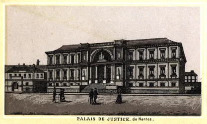 Udsigt over justitspaladset i Nantes (Loire-Atlantique, Pays de la Loire), Frankrig. Kromolitografi i slutningen af ​​det 19. århundrede.