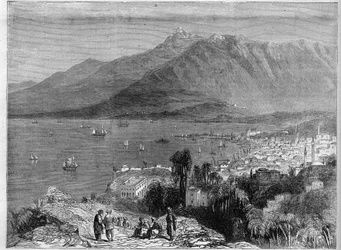 Udsigt over Beiruts havn og Libanons bjerge. Indgravering i ""Det illustere univers""