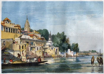 Udsigt over Sutti Chowra Ghat på Ganges, i Cawnpore (Kanpur), Indien i 1857.