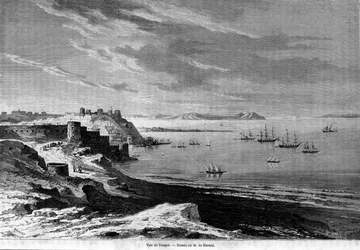 Udsigt over bugten i den befæstede by Tangier og kysten, Marokko. Stik fra 1860.