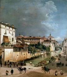 Udsigt over kanalen mellem porta romana-broen og hospitalsbroen i Milano (olie på træ
