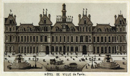 Udsigt over rådhuset i Paris og Place. Kromolitografi fra slutningen af det 19. århundrede.