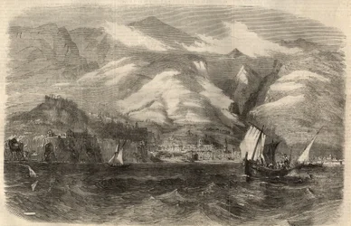 Udsigt over byen Funchal på øen Madere (Madeira) i Portugal. Indgravering i ""The Illustrated London News"" af 29. februar