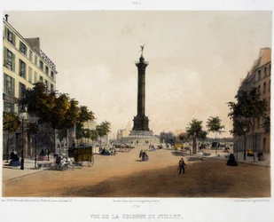 Udsigt over søjlen i juli (Place de la Bastille) fra Boulevard Beaumarchais - litografi