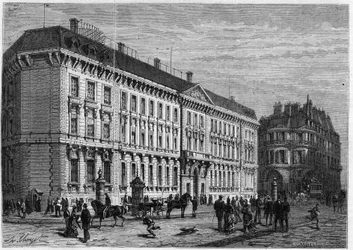 Udsigt over facaden på Banque de France bygget af Gabriel Cretin (1812-1883) i Paris, rue Croix des petits champs